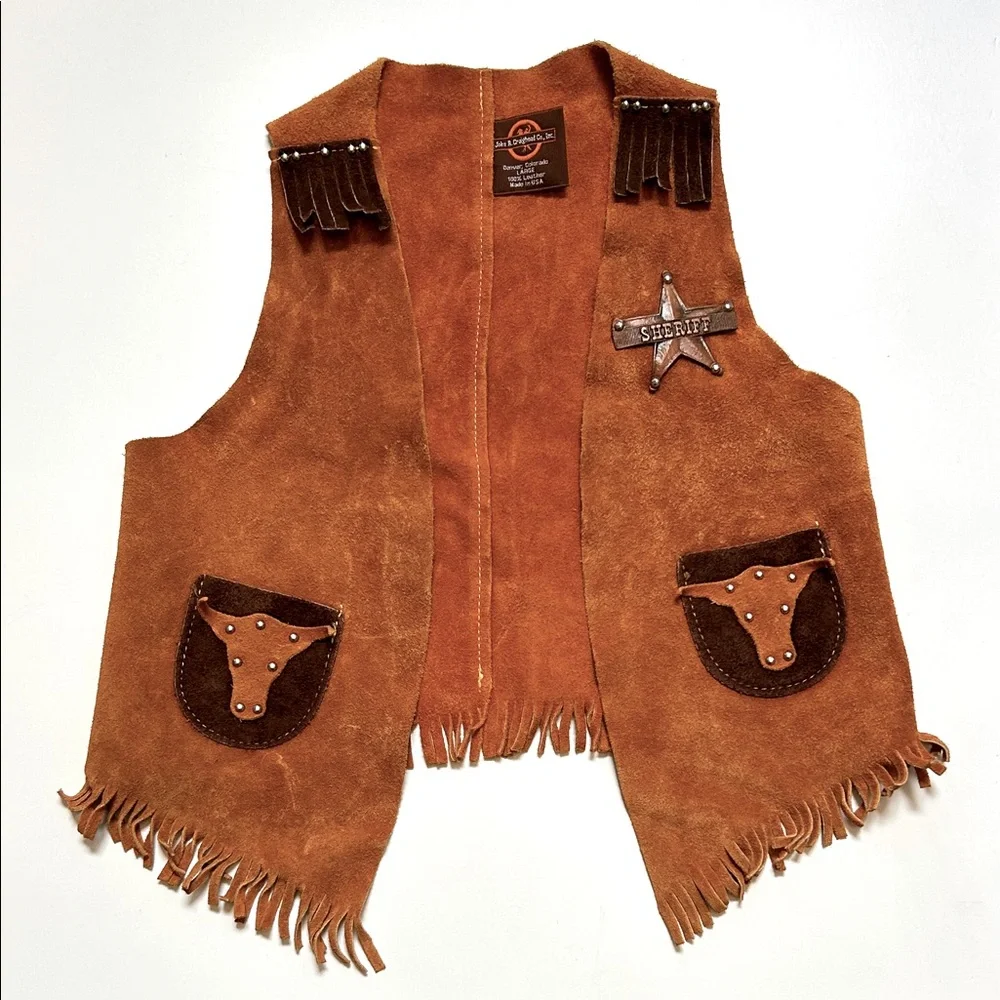 Vintage John R. Craighead kids size Large leather fringe sheriff western vest.